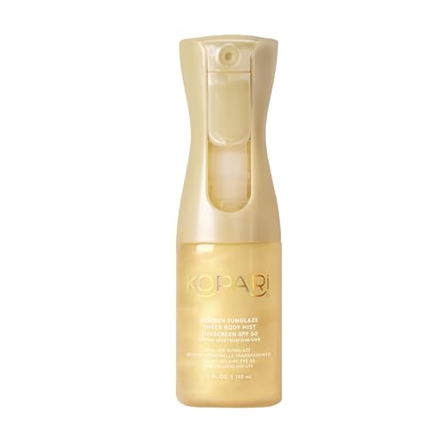 Kopari Golden Sunglaze Sheer Body Mist Sunscreen SPF 50, Infused with Shimmering Body Oil, Hydrating Mist, Hydrates, Brightens, Gives Skin a Glowy
