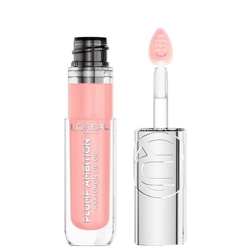 L'Oreal Paris Plump Ambition Hyaluron Lip Oil, 24 HR Lip Gloss with Hyaluronic Acid, Volumizing Formula with Glass-Like Shine, Milky Nu 201, 0.16 Fl