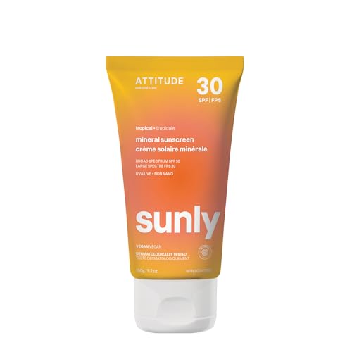 ATTITUDE Mineral Sunscreen with Zinc Oxide, SPF 30, EWG Verified, Broad Spectrum UVA/UVB Protection, Dermatologically Tested, Vegan, Tropical, 5.2