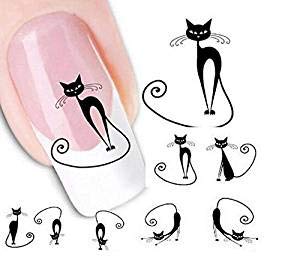 6 PCS Stylish Black Cat Image Art Sticker Decoration Charm Decals Polish Design Ornaments for Manicure Pedicure Nail Art for Women Girls