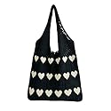 Pokn Heart Crochet Tote Bag Cute Purse for Women Cutecore Key Chain Y2K Accessories Valentines Aesthetic Handbags for Women (N-Black)
