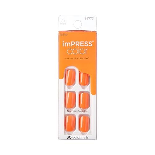 imPRESS Color Press On Nails, ‘'Sweet Mango', Solid Orange, Short Squoval, PureFit Technology, Patented Super Hold Adhesive, Chip Proof, Smudge Proof