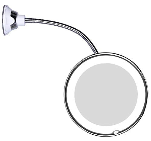 JiBen Flexible Gooseneck LED Lighted 10X Magnifying Makeup Mirror with Power Locking Suction Cup and 360 Degree Swivel, Portable Cordless Travel