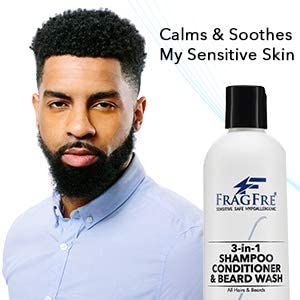 FRAGFRE Shampoo Conditioner and Beard Wash for Men, 12 oz - Unscented, Sensitive Skin, 3 in 1 Hair and Beard Cleansing and Conditioning, Grooming