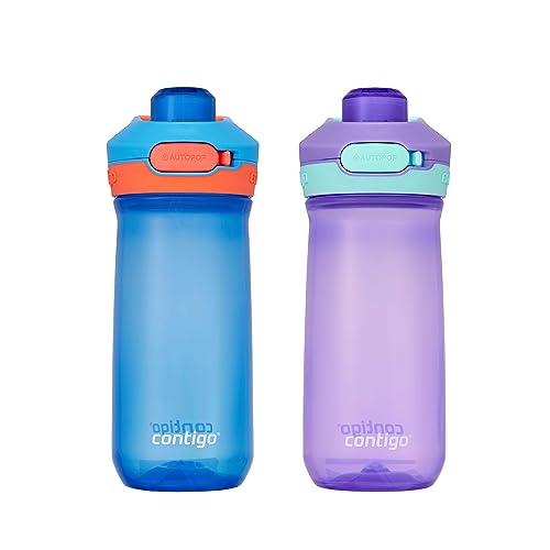 Contigo Jessie Kids Water Bottle Leak-Proof Lid 14oz Dishwasher-Safe Fits Most Cup Holders 2-Pack Blue Poppy/Coral & Amethyst/Jade