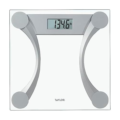 Taylor 400 Lb. Capacity Clear Glass Digital Bathroom Scale with Metallic Accents, 11.8-inch x 11.8-inch Platform, Silver