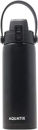 New Aquatix (Black, 21 Ounce) Pure Stainless Steel Double Wall Vacuum Insulated Sports Water Bottle Convenient Flip Top Cap with Removable Strap