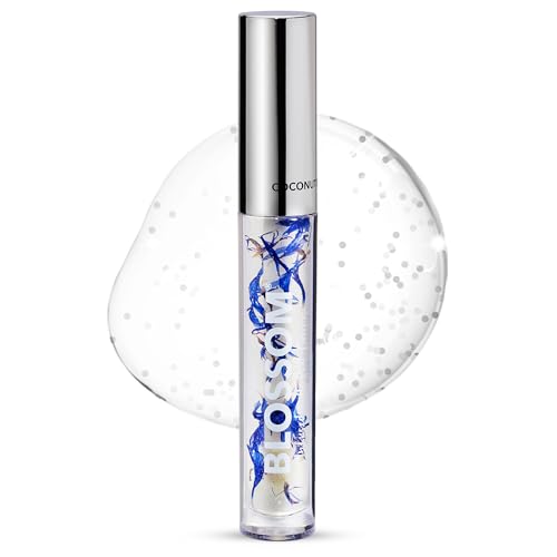 Blossom Lip Gloss & Lip Oil with Olive Oil + Grape Seed Oil, Moisturizing and Hydrating Shimmer Sparkle, Infused with Real Flowers, 3g, Coconut