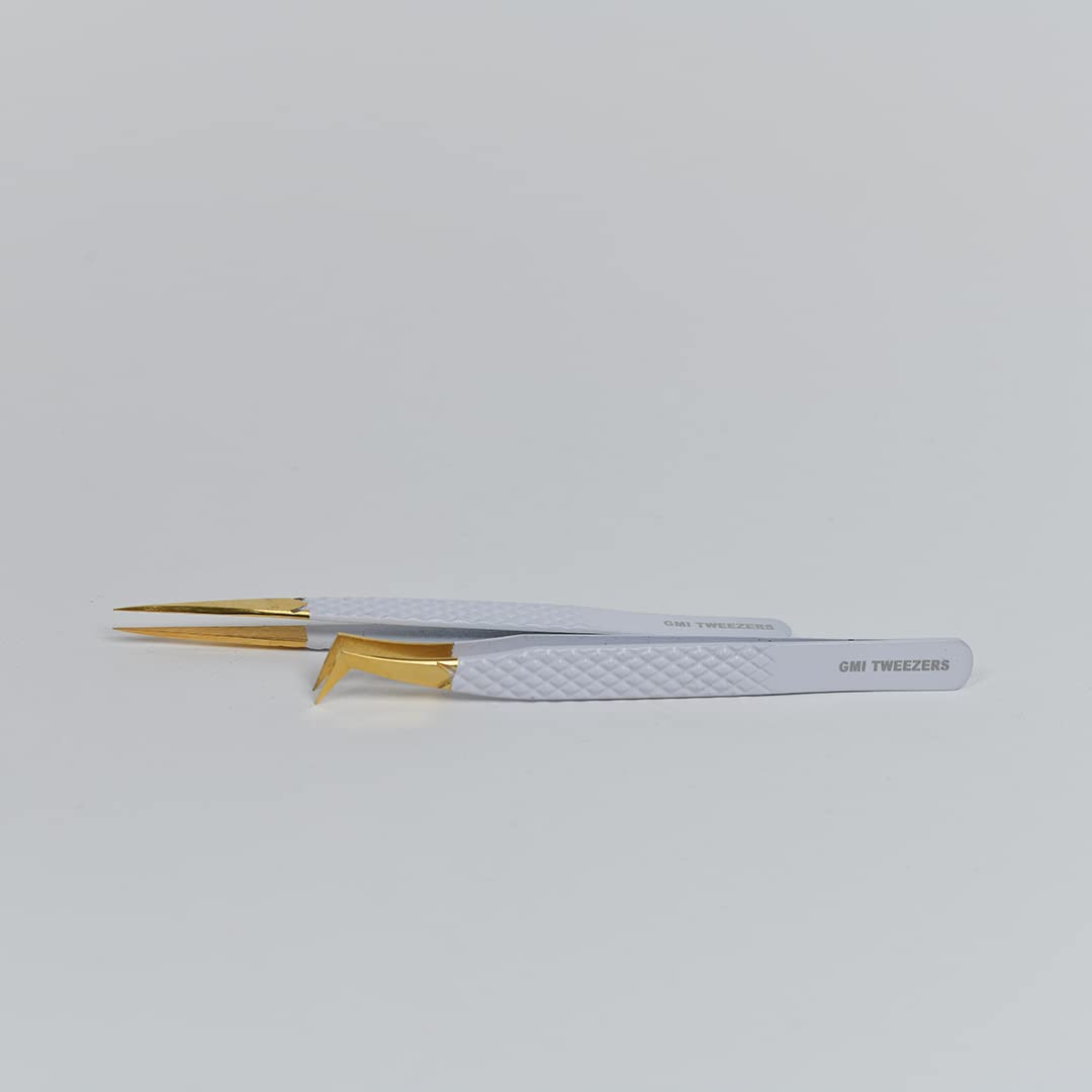 2pcs White Straight and L-Shaped (Boot) Gold Pointed Eyelash Tweezers for Lash Extension - Stainless Steel Precision Tweezers for Volume and Classic