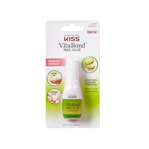 Kiss VitaBond Brush-On Nail Glue for Press On Nails, Vitamin A & E Infused, Pink Tint, Odorless, Repairs Breaks & Tears, Less Damage to Natural Nails Beauty & Personal Care KISS
