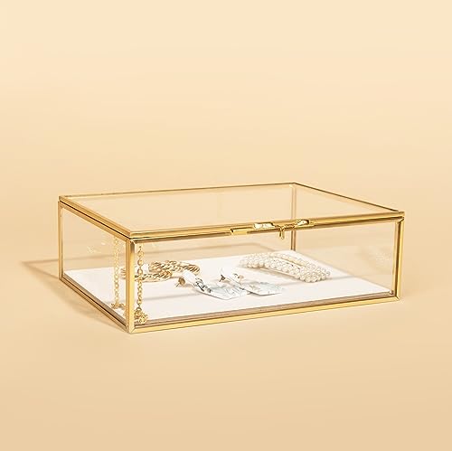 Glass Gold Metal with Chain and Velvet Bottom Jewelry Organizer Box | Card box for Weddings, Events, Baby Showers, and Birthdays