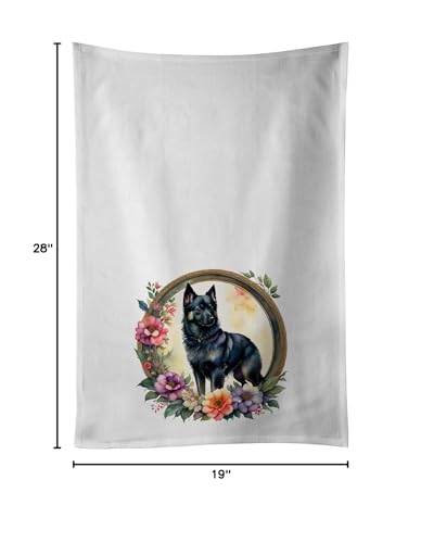 Caroline's Treasures Schipperke and Flowers Kitchen Towel Set of 2 White Dish Towels Decorative Bathroom Hand Towel for Hand, Face, Hair, Yoga, Tea…