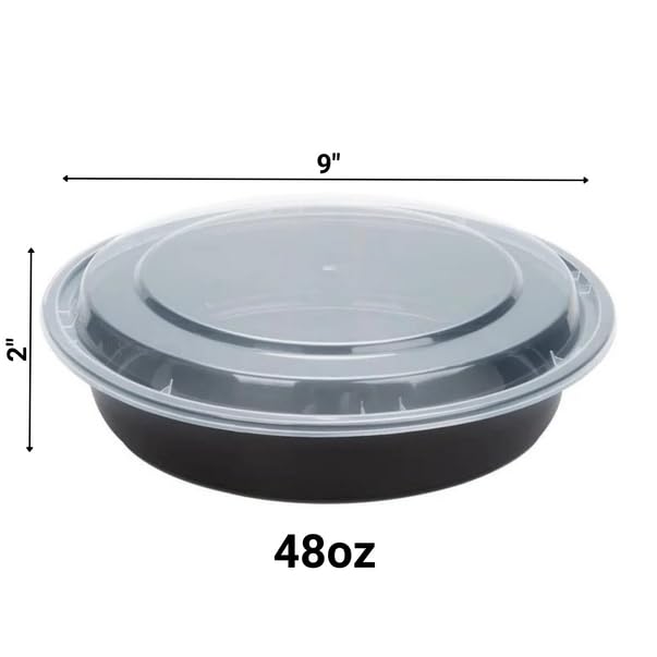 VeZee 48oz Disposable Black Meal Prep/Bento Box with Clear Dome Lids - Round Plastic Meal Containers - Leak Proof and Reusable Box : Perfect…