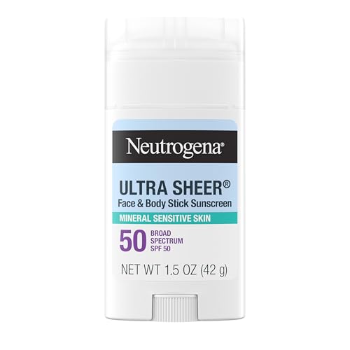 Neutrogena Ultra Sheer Dry Touch SPF 50 Mineral Sunscreen Stick for Sensitive Skin, Zinc Oxide, Body & Face Sunscreen with Vitamin E, No White Residue