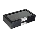 TIMELYBUYS 12 Ebony Wood Watch Box Display Case Storage Jewelry Organizer with Glass Top, Stainless Steel Accents, and Oversized Black Pillows