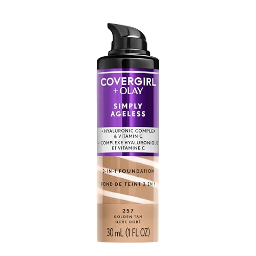 COVERGIRL & Olay Simply Ageless 3-in-1 Liquid Foundation, Matte Finish, Hyaluronic & Vitamin C Formula, 257 Golden Tan, 1 Count