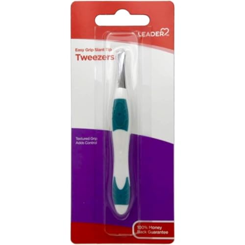 LEADER Tweezers Slant Tip Precision, Easy Grip, Non-Slip Rubber, Stainless Steel, Great Precision for Eyebrows, Facial Hair, Splinter and Ingrown Hair