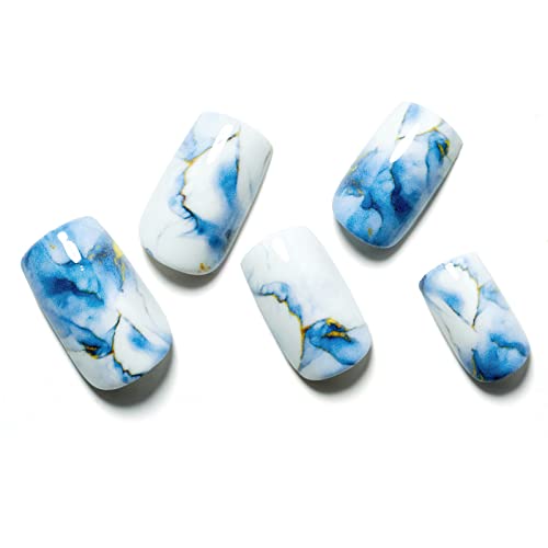 Marble Press on Nails Short Square GLAMERMAID, Blue Gold Acrylic Fake Nails with Design Luxury Stick Glue on Nails Reusable Glossy False Nail Sets