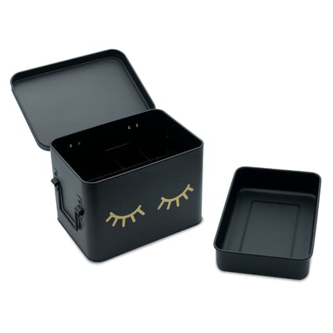 AQ Matte Black & Gold Metal Storage Box - Removable Tray, Multipurpose Tin with Secure Lid for Cosmetics, Makeup, Toiletries, First Aid - Cute First…