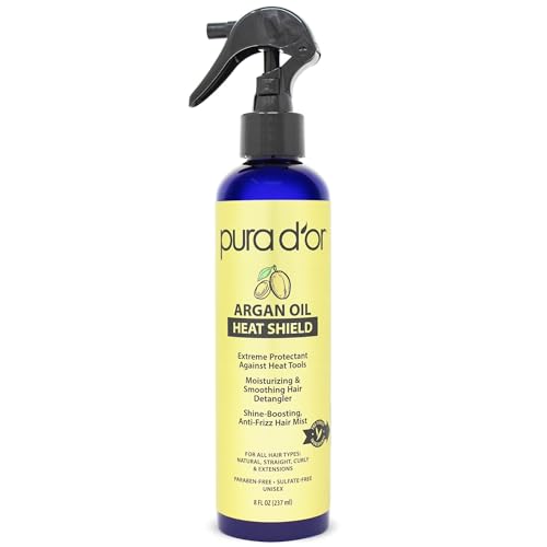 PURA D'OR 8 Oz Argan Oil Heat Shield Protectant Spray with Select Organic Ingredients, Protects Up To 450º F From Flat Iron & Hot Blow Dry, Leave-In