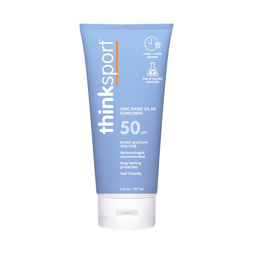 Thinksport SPF 50+ Mineral Sunscreen with Zinc Oxide, 6 Fl Oz - Safe, Natural Sunscreen Lotion for Sports & Active Use, Water Resistant Reef Safe