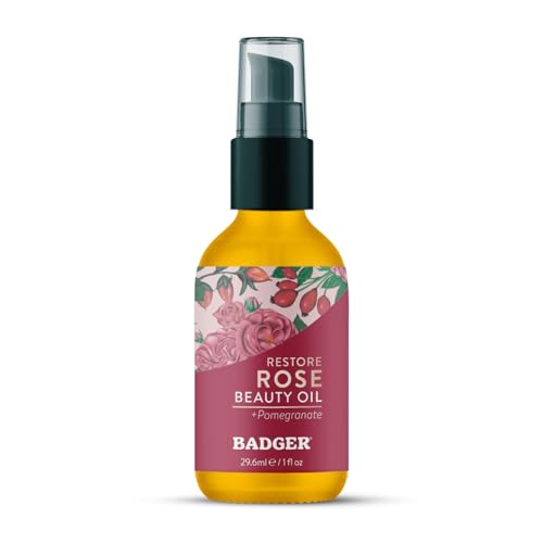Badger Rose Face Oil, 100% Organic Face Moisturizer, Nourishing & Soothing Organic Jojoba Oil & Rose Oil, Vegan Antioxidant Rich Moisturizing Facial