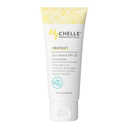 MyCHELLE Dermaceuticals Sun Shield SPF 28 Unscented (2.3 Fl Oz) - Soothing Reef Safe Sunscreen with Vitamin E and Aloe - TSA Approved. Liquid Zinc