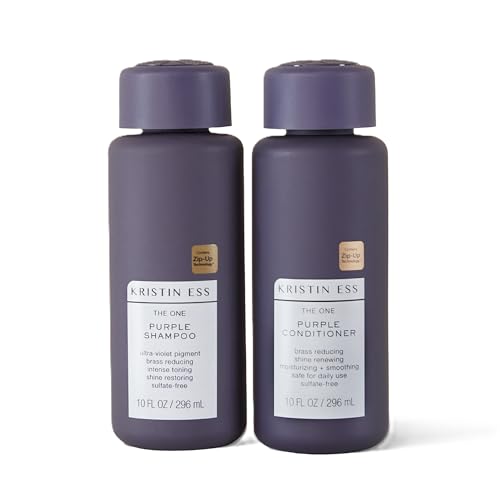 Kristin Ess Hair Purple Shampoo and Conditioner Set for Blonde, Brunette, Silver + Gray Hair, Anti Brass + Yellow Tones, Safe for Color Treated Hair