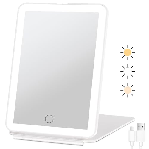 FUNTOUCH Rechargeable Travel Makeup Mirror with 72 Led Lights, Portable Lighted Beauty Mirror, 3 Color Lighting, Dimmable Touch Screen, Tabletop LED