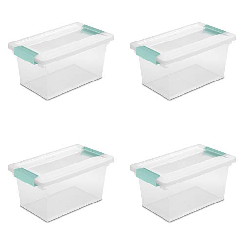 Sterilite Medium Clip Box, Stackable Small Storage Bin with Latching Lid, Plastic Container to Organize Office, Crafts, Clear Base and Lid, 4-Pack