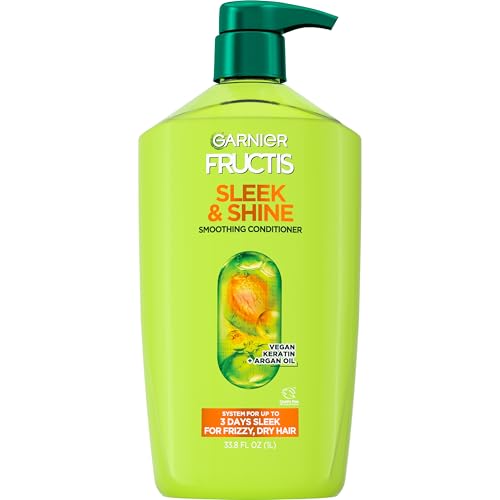 Garnier Fructis Sleek & Shine Conditioner, Smoothing Conditioner for Frizzy, Dry Hair with Argan Oil and Vegan Keratin, 33.8 Fl Oz (Packaging May