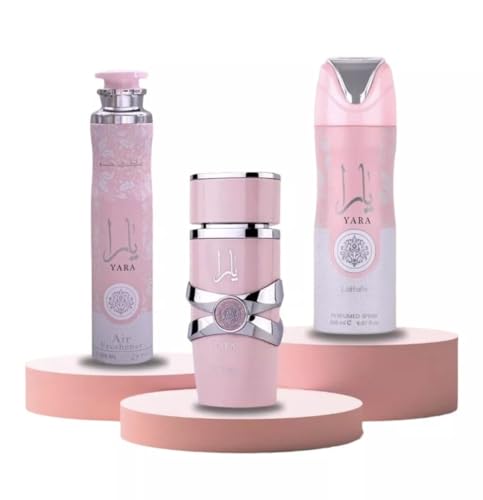 Lattafa Yara Bundle - Eau De Parfum 100ml + Perfumed Body Spray 200ml + Air Freshener 300ml | Long-Lasting Floral Vanilla Scent for Women | Complete