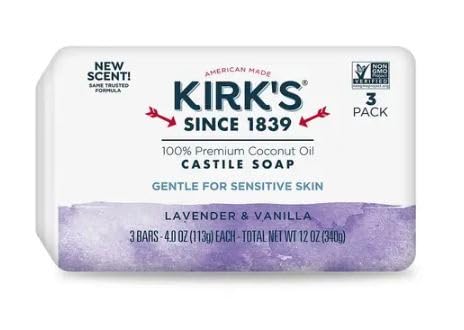 Kirk's 100% Premium Coconut Oil Castile Bar Soap, Lavender & Vanilla, 3 Bars, 4 oz (113 g) Each