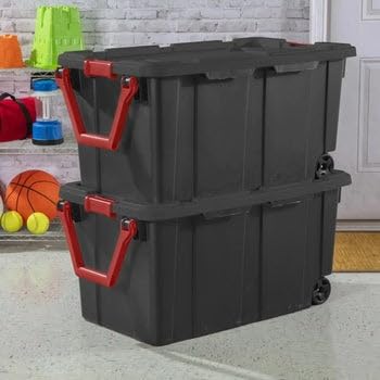 40 Gallon Wheeled Industrial Tote Plastic Storage Bin Black Set of 2