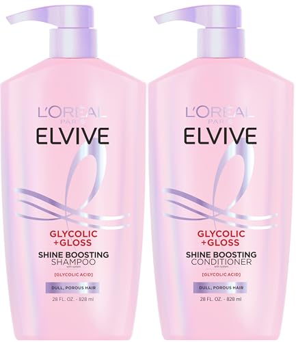L'Oreal Paris Elvive Glycolic + Gloss Shine Boosting Shampoo and Conditioner Set, Cleanses and Smooths Dull, Porous Hair Into High-Shine, Glossy Hair