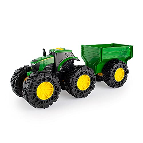 TOMY Monster Treads - John Deere Tractor Toy and Wagon - Includes Lights, Sounds, and Monster Truck Tires - John Deere Farm Toys - Ages 3 Years and Up