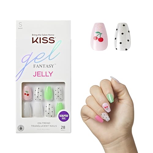 KISS Gel Fantasy, Press-On Nails, Nail glue included, 'Jelly Baby', Light Multicolor, Short Size, Coffin Shape, Includes 28 Nails, 2g Glue, 1 Manicure Beauty & Personal Care KISS