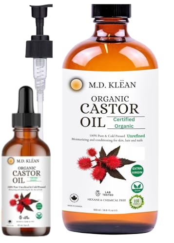 MD KLEAN Organic Castor Oil (500ml w/ 60ml Dropper) 100% Cold Pressed Unrefined Glass Bottles | Hexane Free | Moisturizer and Conditionor