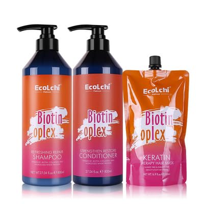 Ecolchi Biotin Oplex Hair Care Set with Shampoo, Conditioner, Hair Mask - Amino Acids Plus Keratin Treatment - Repair Heat Damage, Frizz
