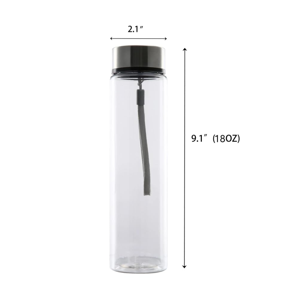 SIT MART 18 oz Clear Plastic Water Bottle with Stainless Steel Screw Cap and Carry Strap - Reusable Drinking Bottle for Travel, Gym, School, Office…