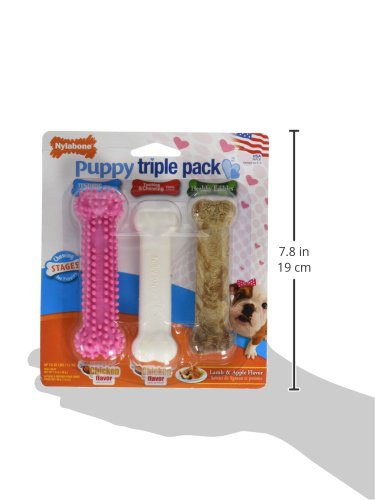 Nylabone Puppy Chew Toys & Natural Treats Triple Pack – Pink, Chicken & Bacon Flavor – Small Dogs up to 25 lbs – 3 Pack