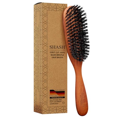 SHASH Classic German First Cut 100% Boar Bristle Hair Brush Since 1869 - Conditions Hair, Improves Texture, Exfoliates Scalp, Fine to Normal not
