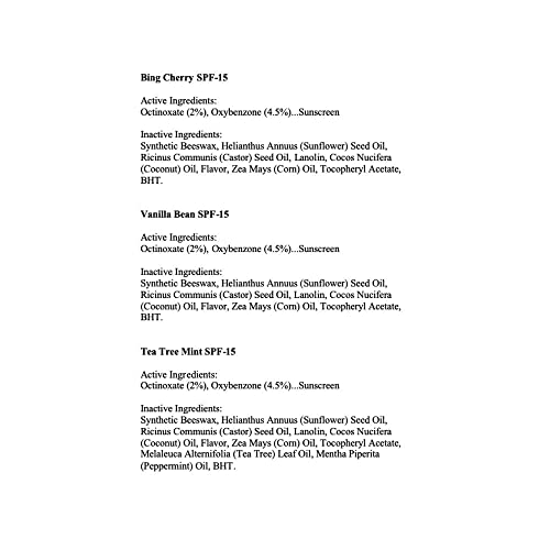 Lip Naturals Mini Lip Balm with SPF 15 Sunscreen, 12 Count Pack, Cherry, Tea Tree Mint & Vanilla Bean Flavors, Made in USA, 0.10oz Each