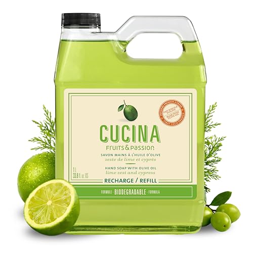 Cucina Fruits & Passion Hand Soap Refill, Lime Zest & Cypress, 1 L (33.8 fl oz), Liquid Hand Soap with Moisturizing Olive Oil, Biodegradable, Vegan