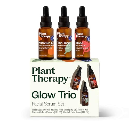 Plant Therapy Facial Serum Trio Set 1 oz each, Vitamin C & Hyaluronic Acid, Rose with Bakuchiol & Tea Tree with Niacinamide, Reduces the Appearance