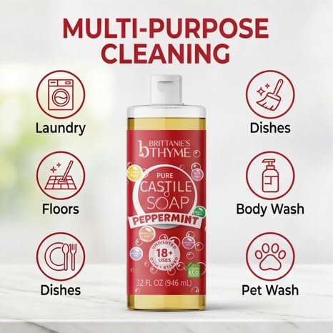 Brittanie's Thyme Pure Castile Liquid Soap Refill (Peppermint, 32 oz Pack of 2) | For Hair & Body, Gentle and Pure, Made with Natural Luxurious Oils