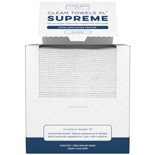 Clean Skin Club Clean Towels XL® Supreme, 100% USDA Biobased Face Towel, Disposable Face Towelette, Eczema Association Accepted, Thicker Textured Dry