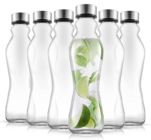 JoyJolt Spring Glass Water Bottles Set of 6-18 oz Glass Bottles with Stainless Steel Caps - Glass Drinking Bottles with Leakproof Lids - Reusable