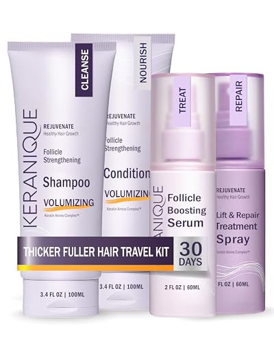 Keranique Hair Products Set for Thinning Hair - Volumizing Shampoo, Conditioner, Follicle Booster Serum, Spray for Fine Texture Boost, and Keratin