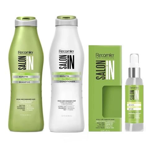 Salon In by Recamier | Keratin Ultra Force Set - Keratin Shampoo, Conditioner (10.1 fl oz each) & Hair Serum (2.87 fl oz) | Shampoo & Conditioner Set